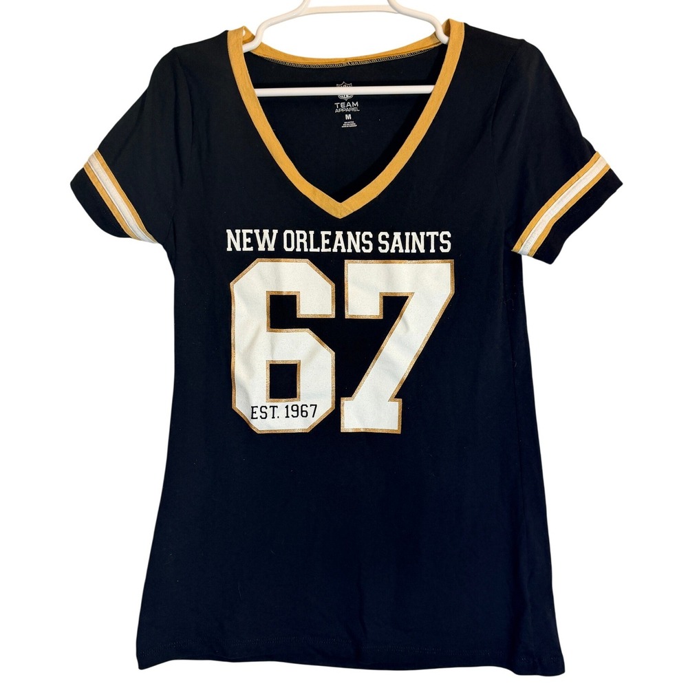 NFL Team Apparel New Orleans Saints Womens V-Neck Graphic T-Shirt Black Gold M